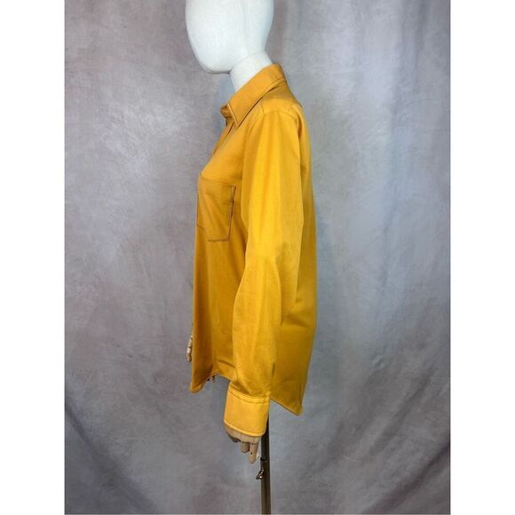 Vintage 1970s Plus Size Golden Yellow Blouse Dagger Collar Top Mod MCM Disco L - Picture 4 of 8